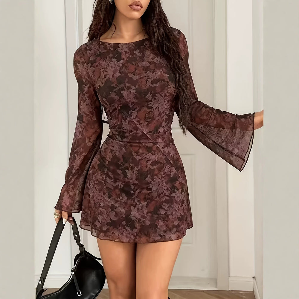 Vintage american tie-dye print flared sleeve a-line mesh mini bodycon dress - fashionable