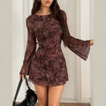 Vintage american tie-dye print flared sleeve a-line mesh mini bodycon dress - fashionable