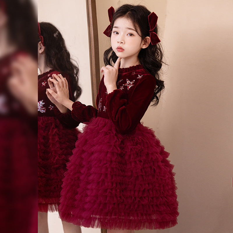 Ready-to-ship new girls' dress cake princess dress red new year outfit velvet birthday party dress winter style