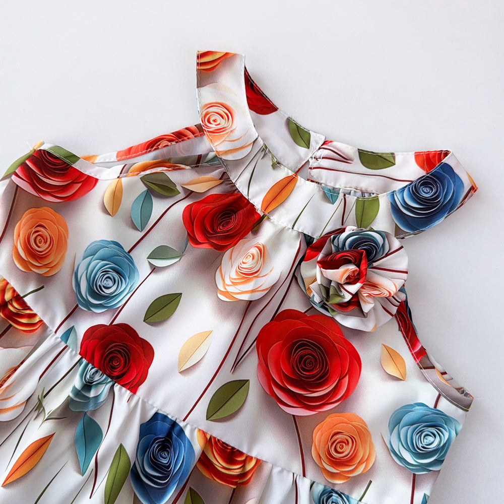 Trendy new girls' sleeveless sundress - summer halter neck floral print kids' dress - korean style bestseller