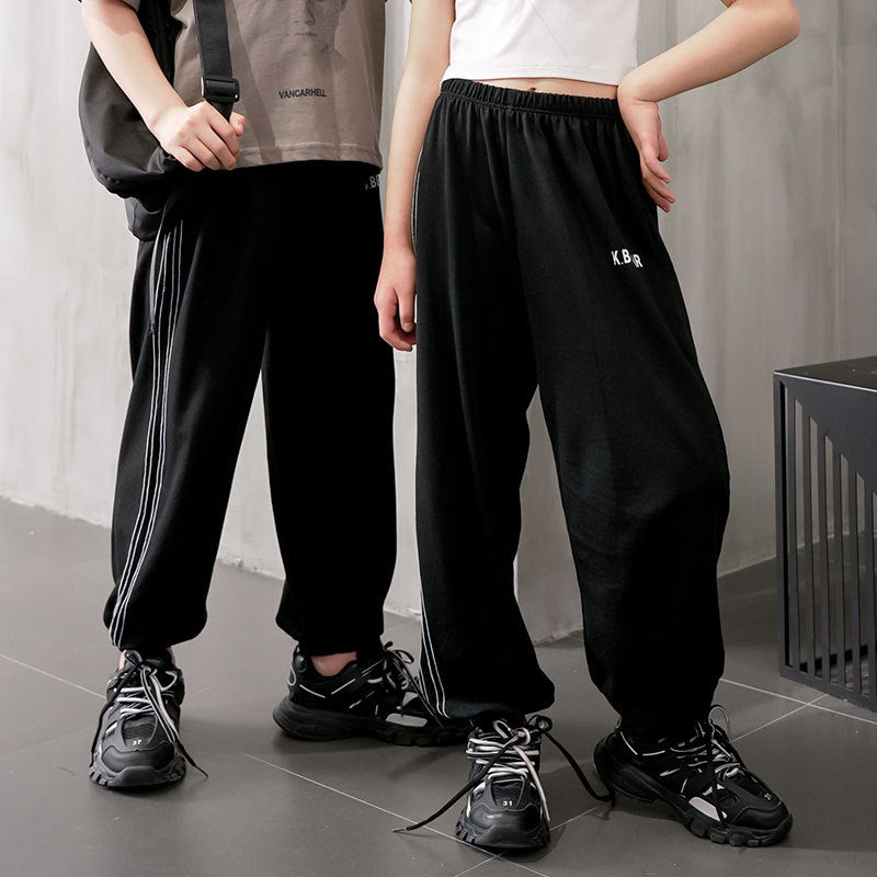 kids' summer lightweight joggers - solid color, side stripe, casual, unisex, anti-mosquito, home pants with elastic cuffs