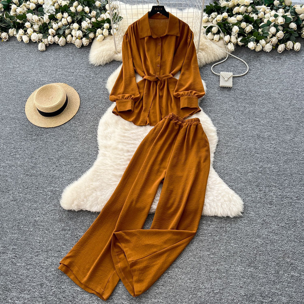 Light mature style casual strappy waist long sleeves single-breasted shirt women's high waist wide-leg straight-leg pants loose two-piece set