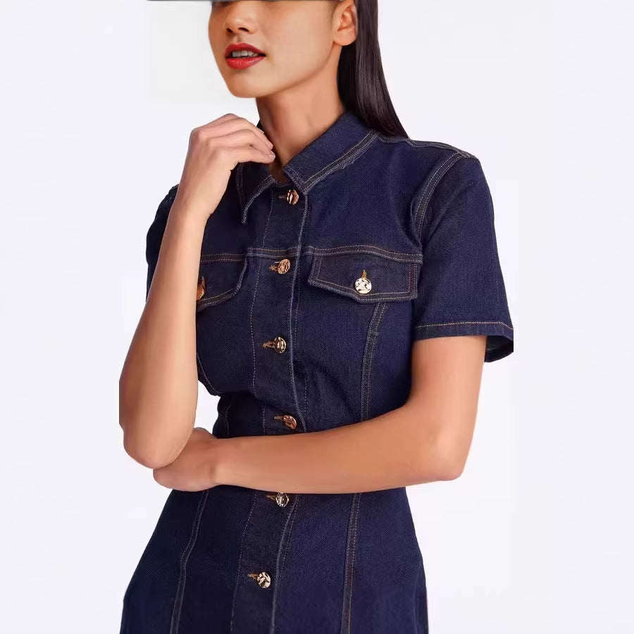 new european and american cross-border  independent station foreign trade short-sleeve turn-down collar casual denim dress for women