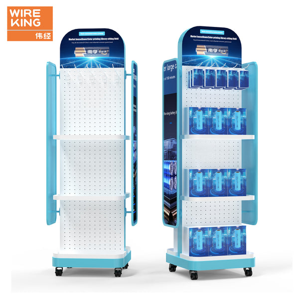 Supermarket double-sided metal display rack board convenience store shelf with wheels product display rack to map customization