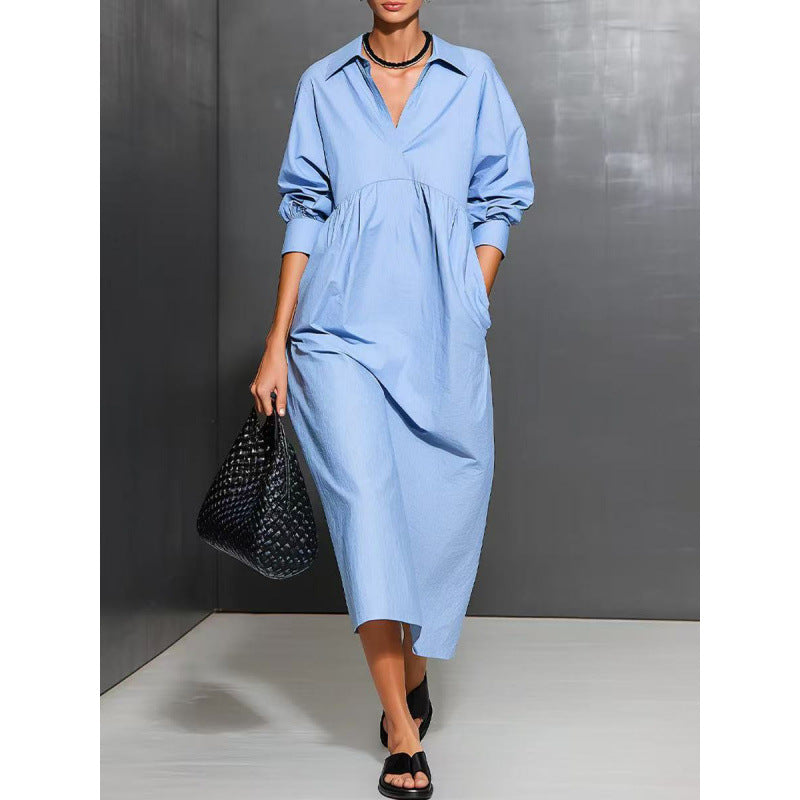 new european and american cross-border style: solid color, loose-fit, long-sleeve shirt collar pocket dress