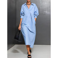 new european and american cross-border style: solid color, loose-fit, long-sleeve shirt collar pocket dress