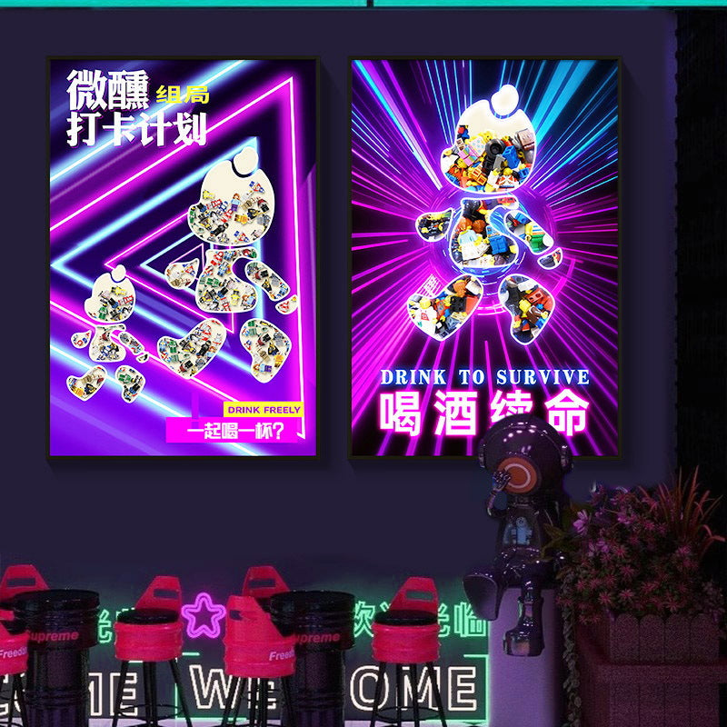 Trend luminous violence bear decorative painting hairdresser bar KTV creative led ambient light building block bear kaws hanging painting