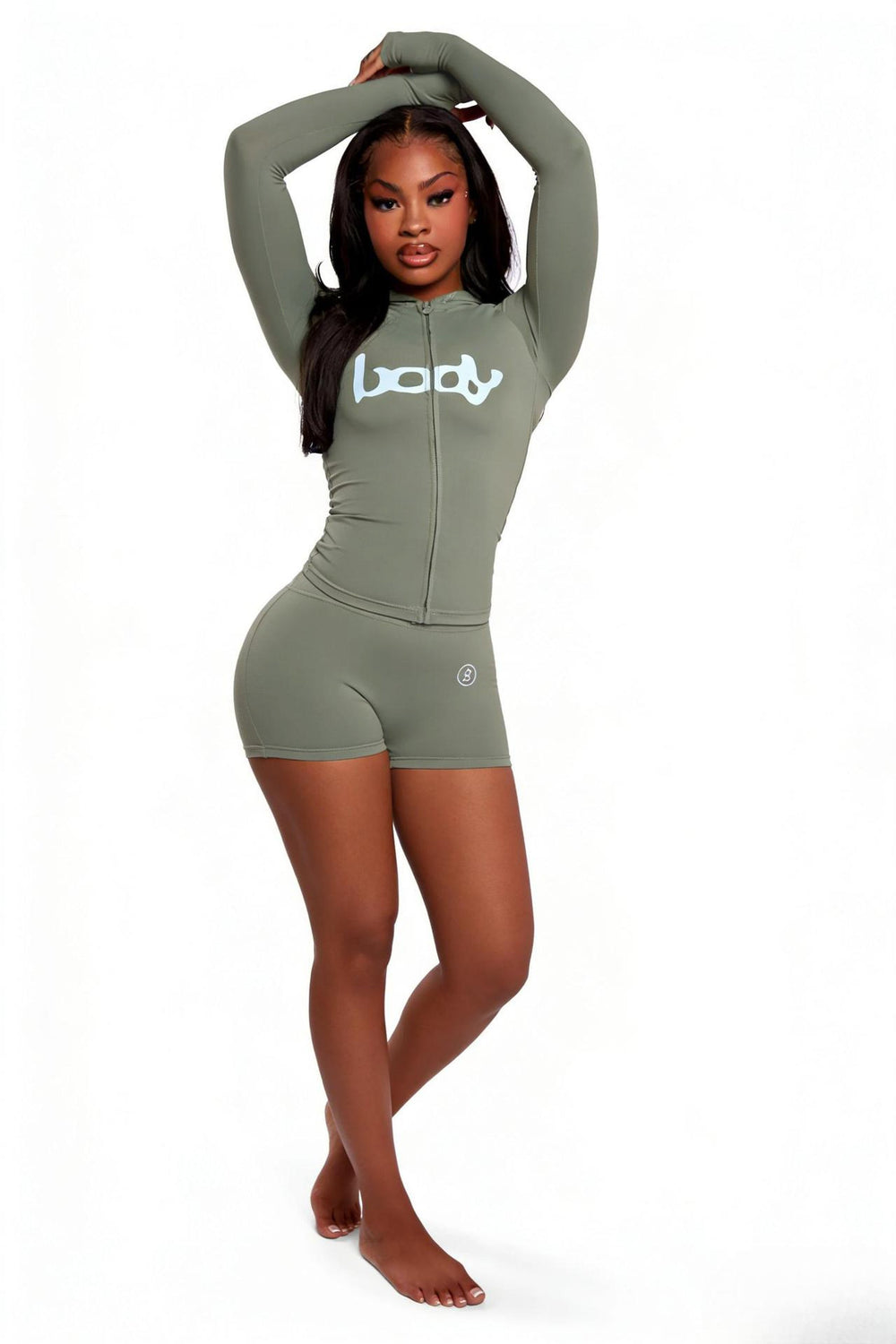 New ins trendy printed sporty stretch zip-up hoodie and shorts two-piece set for women