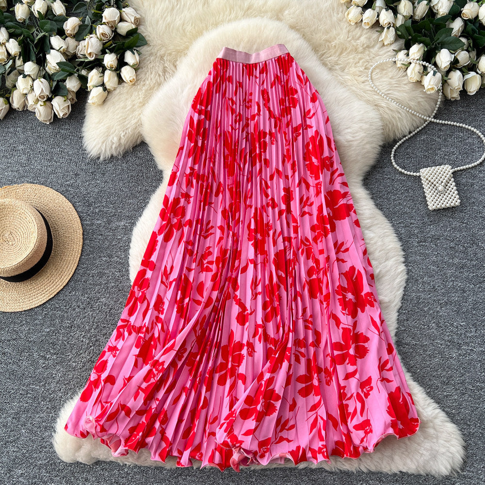 French chic printed high-waisted slimming a-line pleated midi skirt - perfect for vacation or work