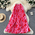 French chic printed high-waisted slimming a-line pleated midi skirt - perfect for vacation or work