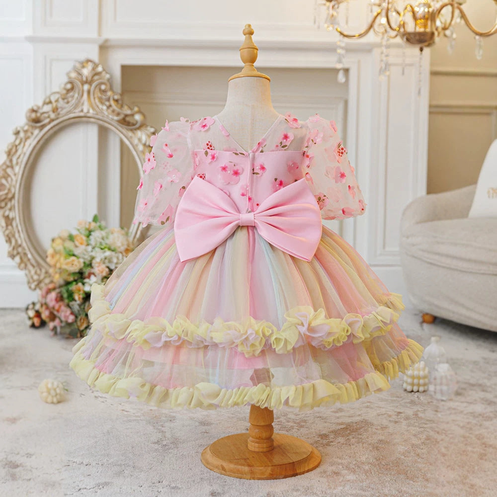 European and american new princess dress mesh print rainbow floral girl's wedding dress party baby's first birthday christening gown