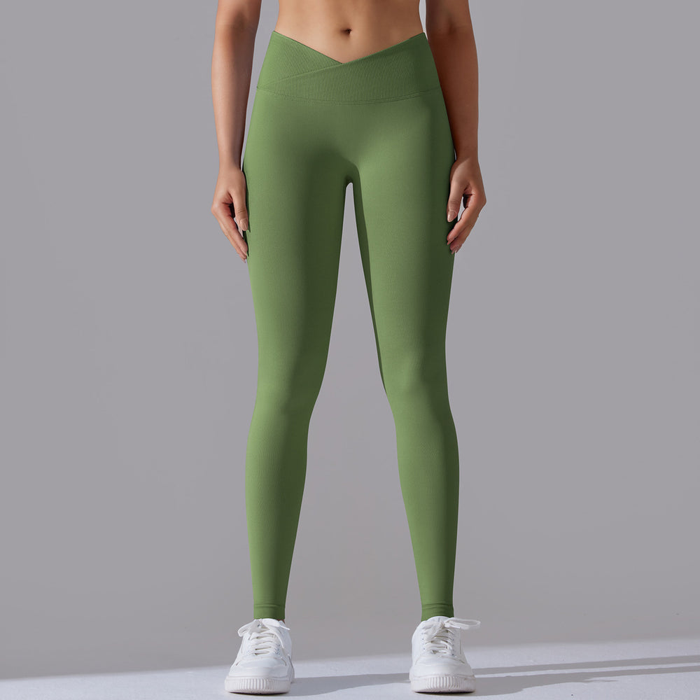 fashion seamless knitting breathable pure color cross waist peach hip yoga pants running fitness nine-point pants women