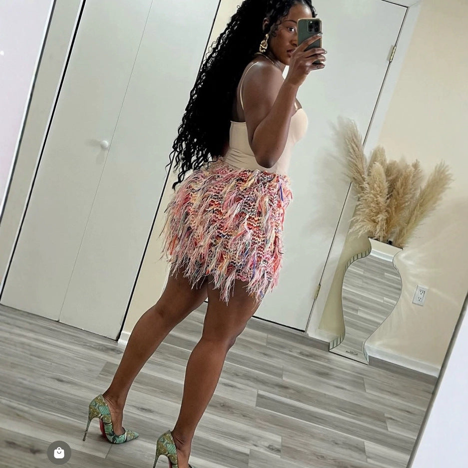 European and american style  summer new fashionable and unique streetwear trendy street style striped tassel bodycon mini skirt for women
