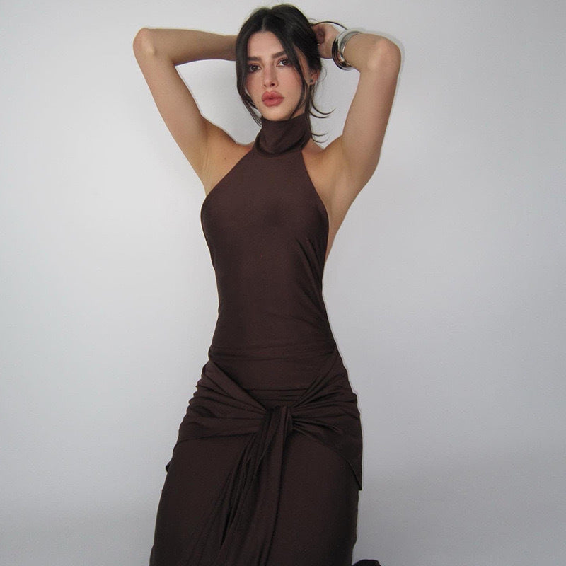 Amazon women's  spring new fashion elegant sleeveless backless halter neck tie sexy bodycon dress
