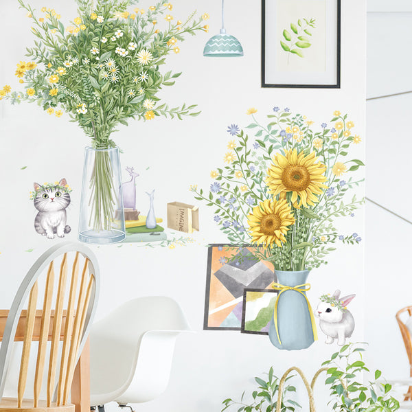 Vase sunflower decorative sticker cartoon cat background sticker living room bedroom wall sticker fence picking ZDB-2312