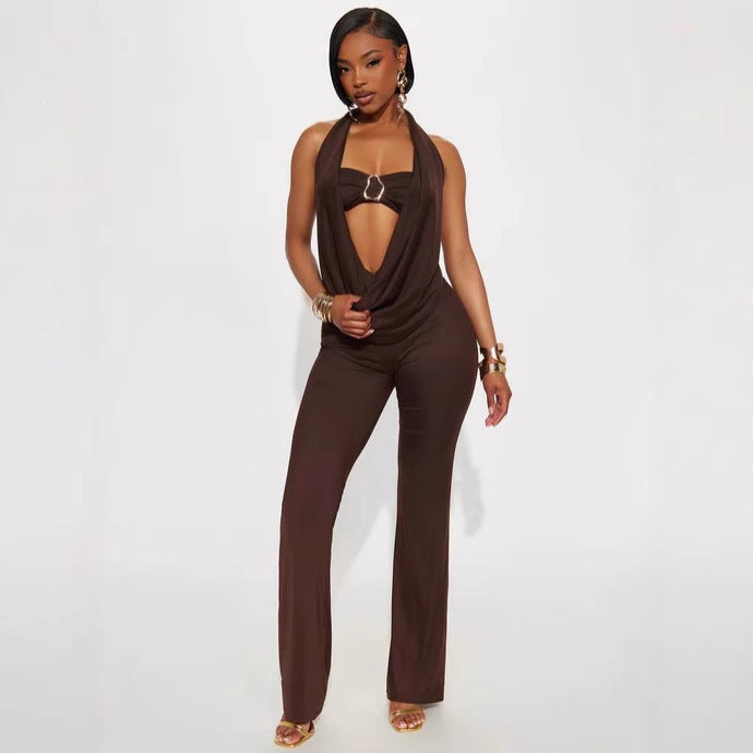 European and american summer new women's cross-border sexy metallic embellished off-the-shoulder bandeau halter top slim-fit pants set