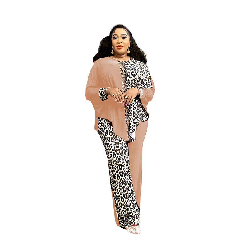 Leopard print patchwork batwing top and pants set - cross-border sourcing - african women's clothing