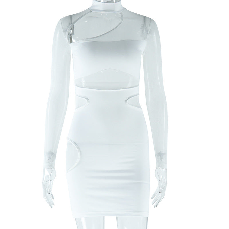 European and american style ins foreign trade women's solid color dress sexy hollow-out dress mesh patchwork bodycon dress