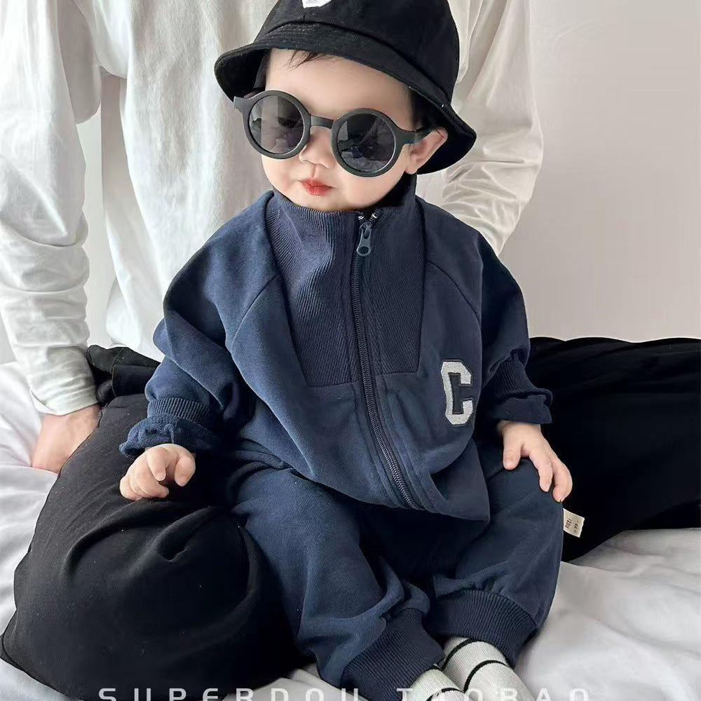 Baby autumn winter baby boy fleece-lined onesie, super cute casual outing outfit, spring and autumn climbing suit