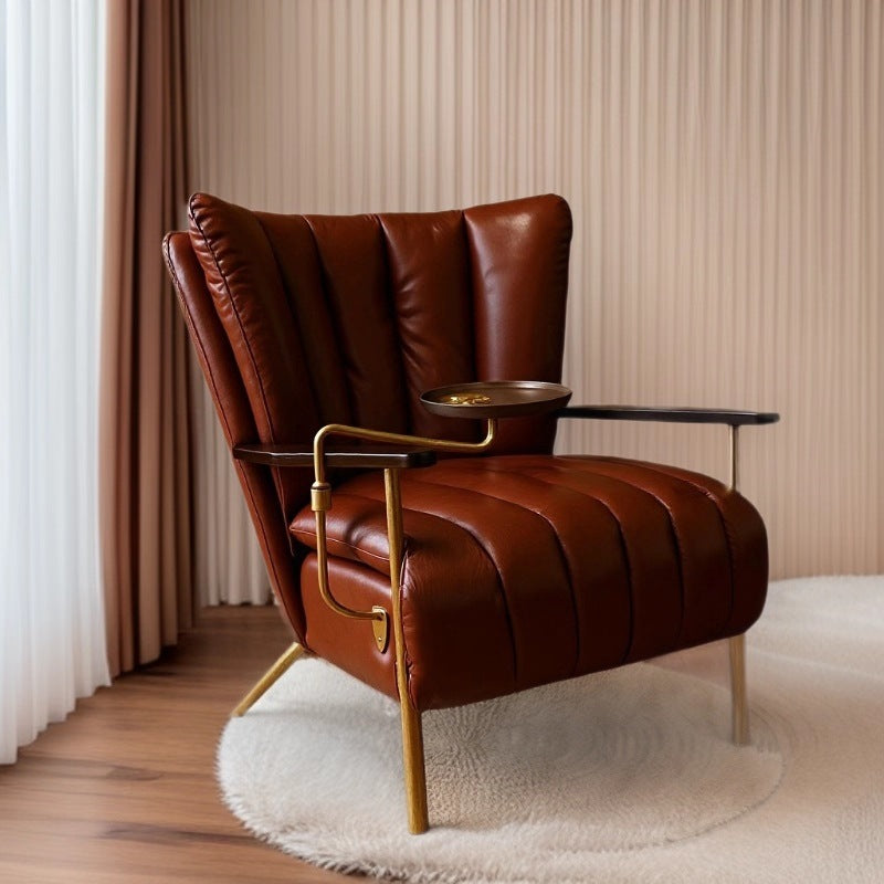 Vintage-style hand-forged solid wood armrest cigar chair, retro distressed leather single leisure chair, home design
