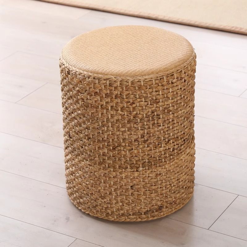 Rattan chinoiserie solid wood straw makeup low drum stool for home living room coffee table shoe changing stool guzheng piano board tall round stool
