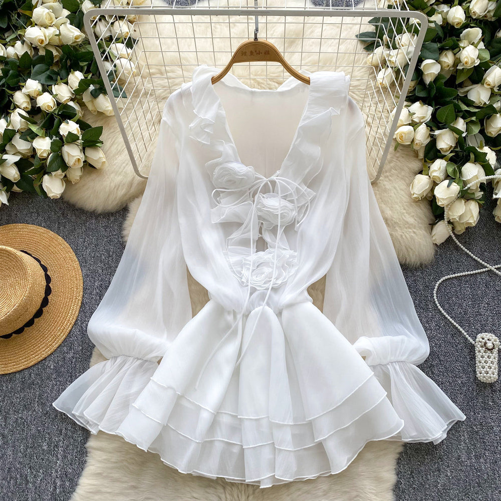 Fairy dress 2025 new arrival: atmospheric v-neck, 3d floral appliqué, tie-waist, ruffle hem chiffon dress for women