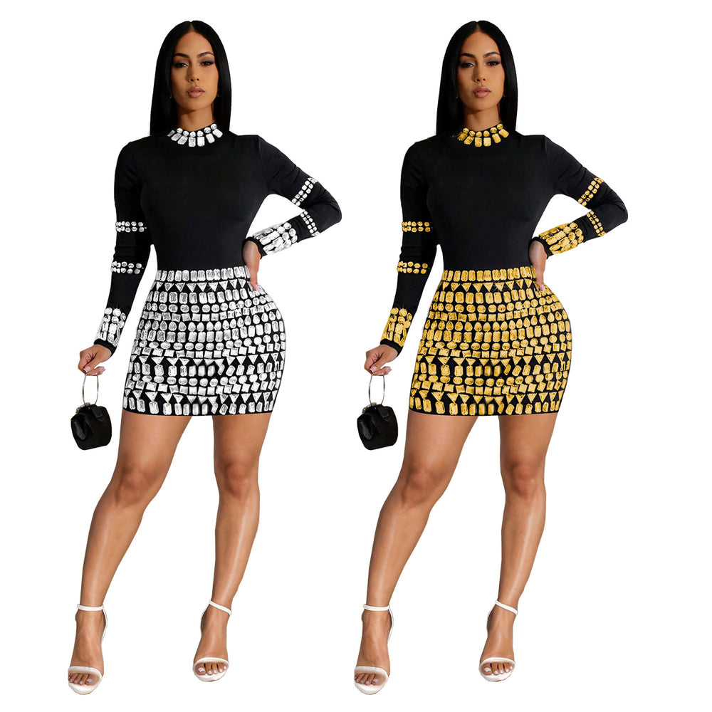 C7138 cross-border   fashion women's hotfix rhinestone party casual slim-fit dress new