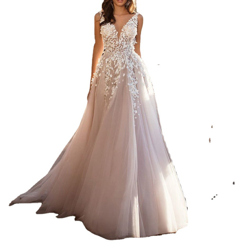 summer new arrivals: european & american style sexy lace sleeveless deep v-neck wedding dress embroidered maxi dress