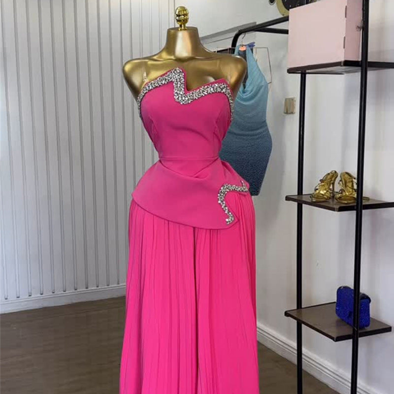 European and american cross-border women's fashion  summer new collection: heavily embellished bandeau top with rhinestone accents and asymmetrical design, paired with pleated wide-leg pants set