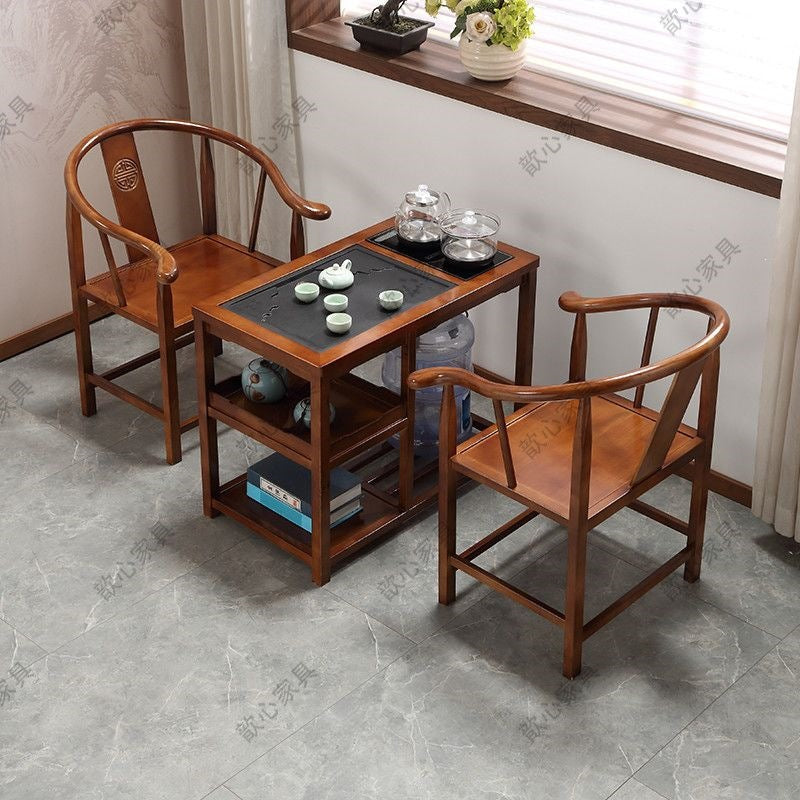 Solid wood balcony tea table small coffee table tea table and chair combination all-in-one complete set with water kettle stone plate zhuo casual