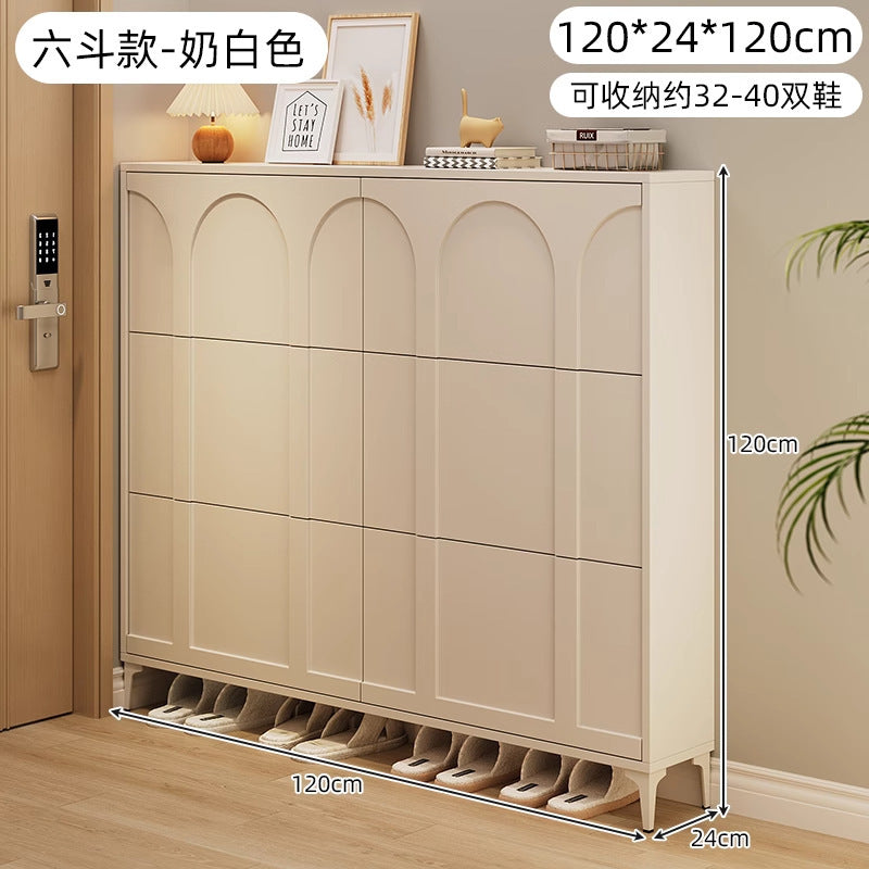 Ultra-thin tipping shoe cabinet cream style for home door small narrow entrance door shoe cabinet space-saving entrance cabinet all-in-one shoe rack