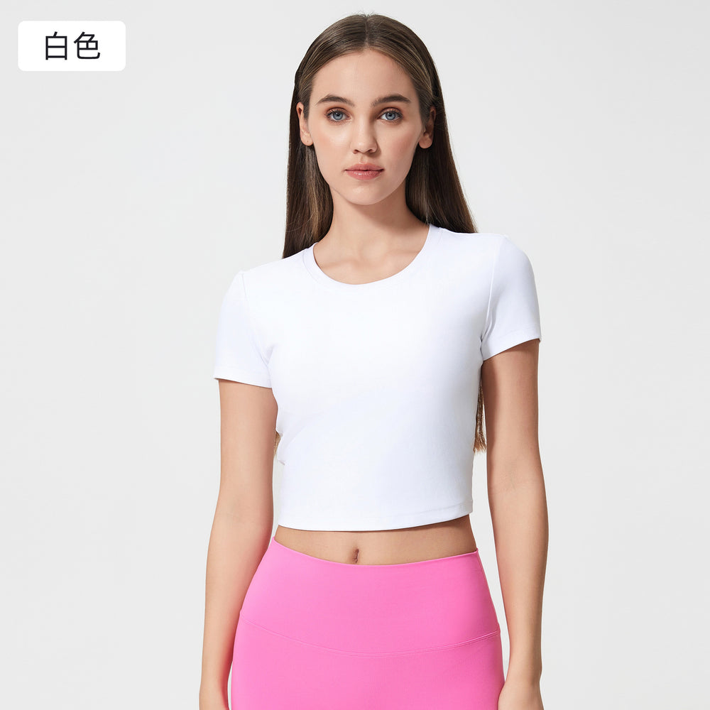 Women's yoga top - short sleeve, cutout back, drawstring, ruched, breathable, outdoor sports, fixed cup, fitness top d25061