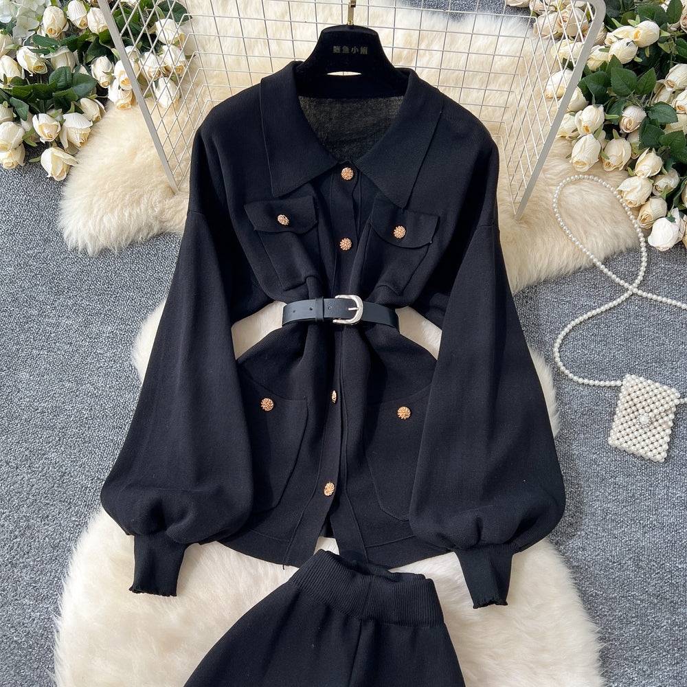 High-end socialite style women's winter new arrival: metallic buckle tie-waist long-sleeved knit top with high-waisted wide-leg pants