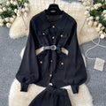 High-end socialite style women's winter new arrival: metallic buckle tie-waist long-sleeved knit top with high-waisted wide-leg pants