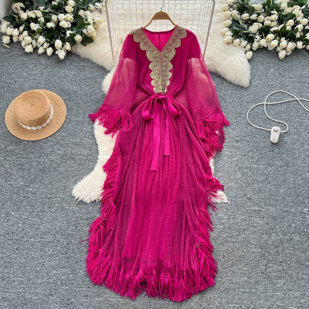 Fashionfashionableheavy industrylacepatchworkv neckbat sleeve strap waist dress women's vacation style tassel long skirt