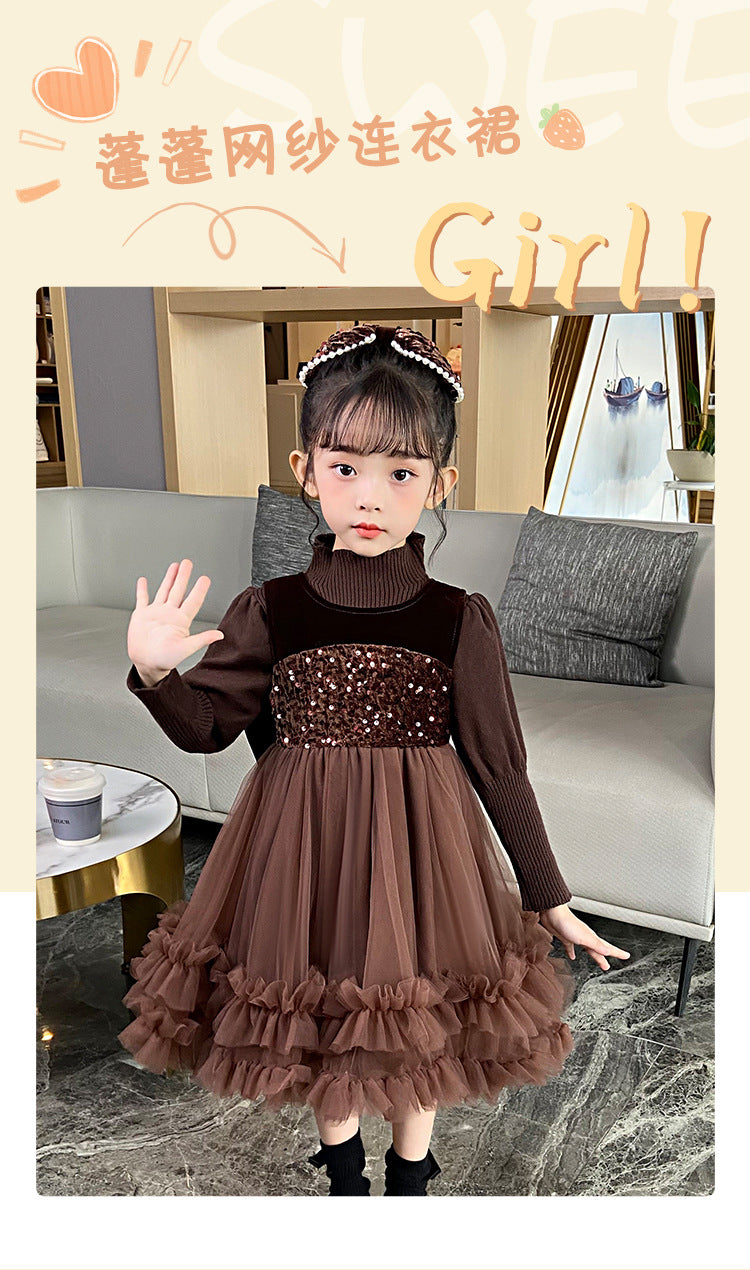 Girls' dress autumn/winter new arrivals  kids' knitted sweater little girl mesh first birthday chic princess dress winter
