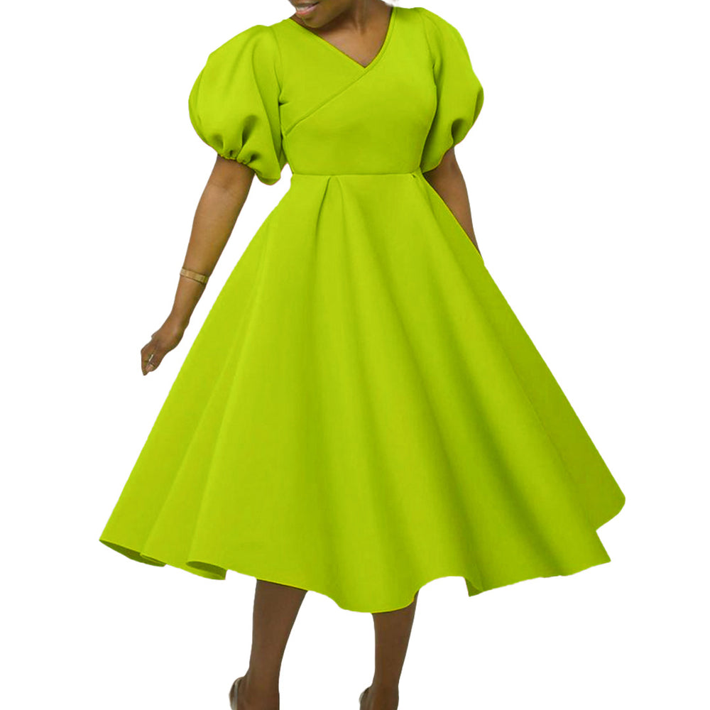 D362 independent station  women's clothing  new fashion v-neck puff sleeve plus size dress african dress