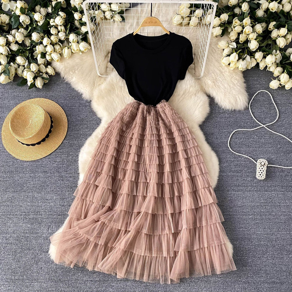 European and american style light luxury high-end women's summer dress - mesh panel design, slimming waist, ethereal long dress