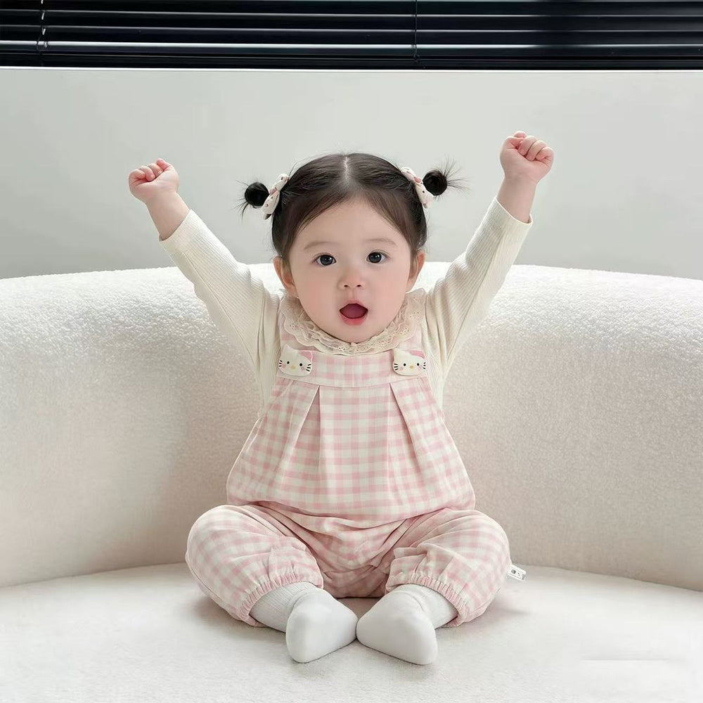 Spring newborn infant plaid overalls set - baby girl kt cat two-piece outfit