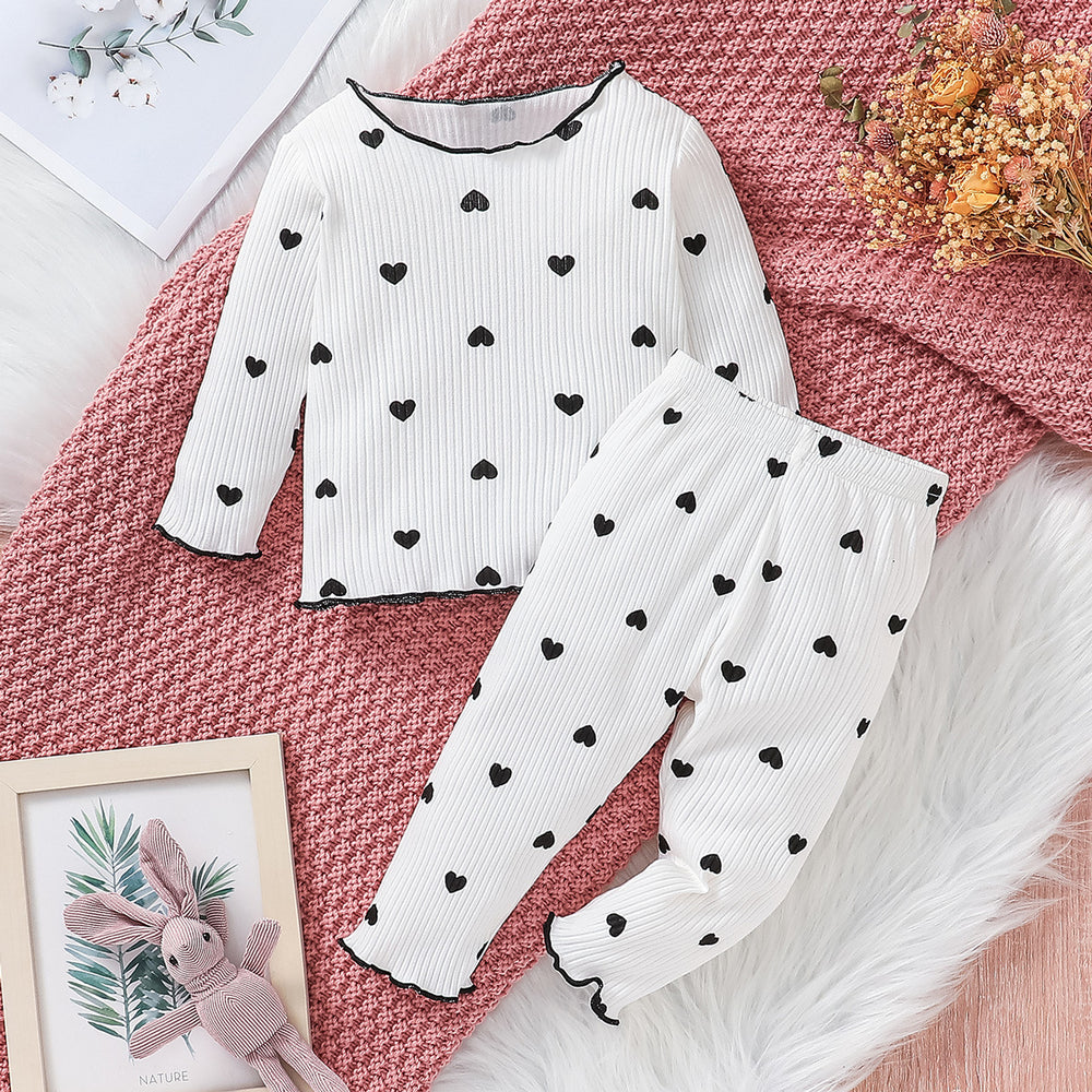 cross-border fashion baby & toddler valentine's day new collection: solid color ribbed knit heart print long sleeve two-piece set - ready stock wholesale