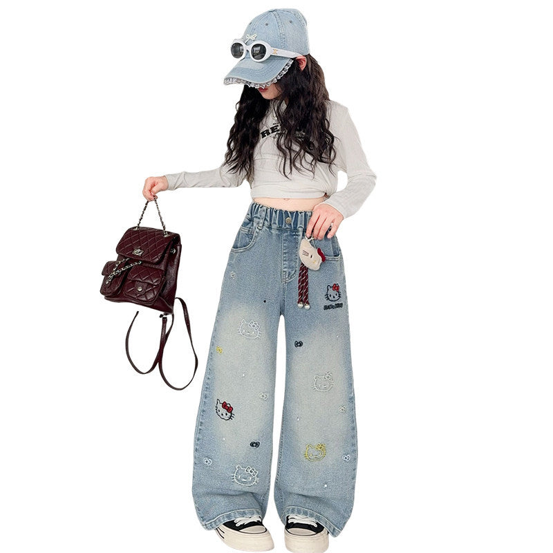 Girls' hello kitty denim jeans, spring/summer  new collection, mid-to-large size, wide-leg pants for girls aged 8-9