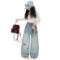 Girls' hello kitty denim jeans, spring/summer  new collection, mid-to-large size, wide-leg pants for girls aged 8-9