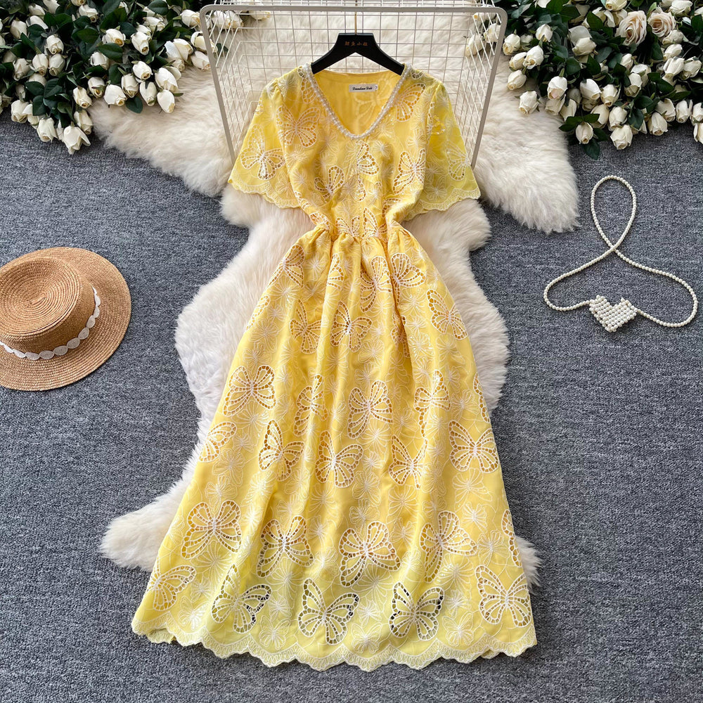 French-style heavy lace v-neck butterfly cutout dress - women's summer korean style short sleeve slimming a-line dress - pink