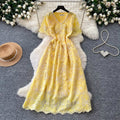 French-style heavy lace v-neck butterfly cutout dress - women's summer korean style short sleeve slimming a-line dress - pink