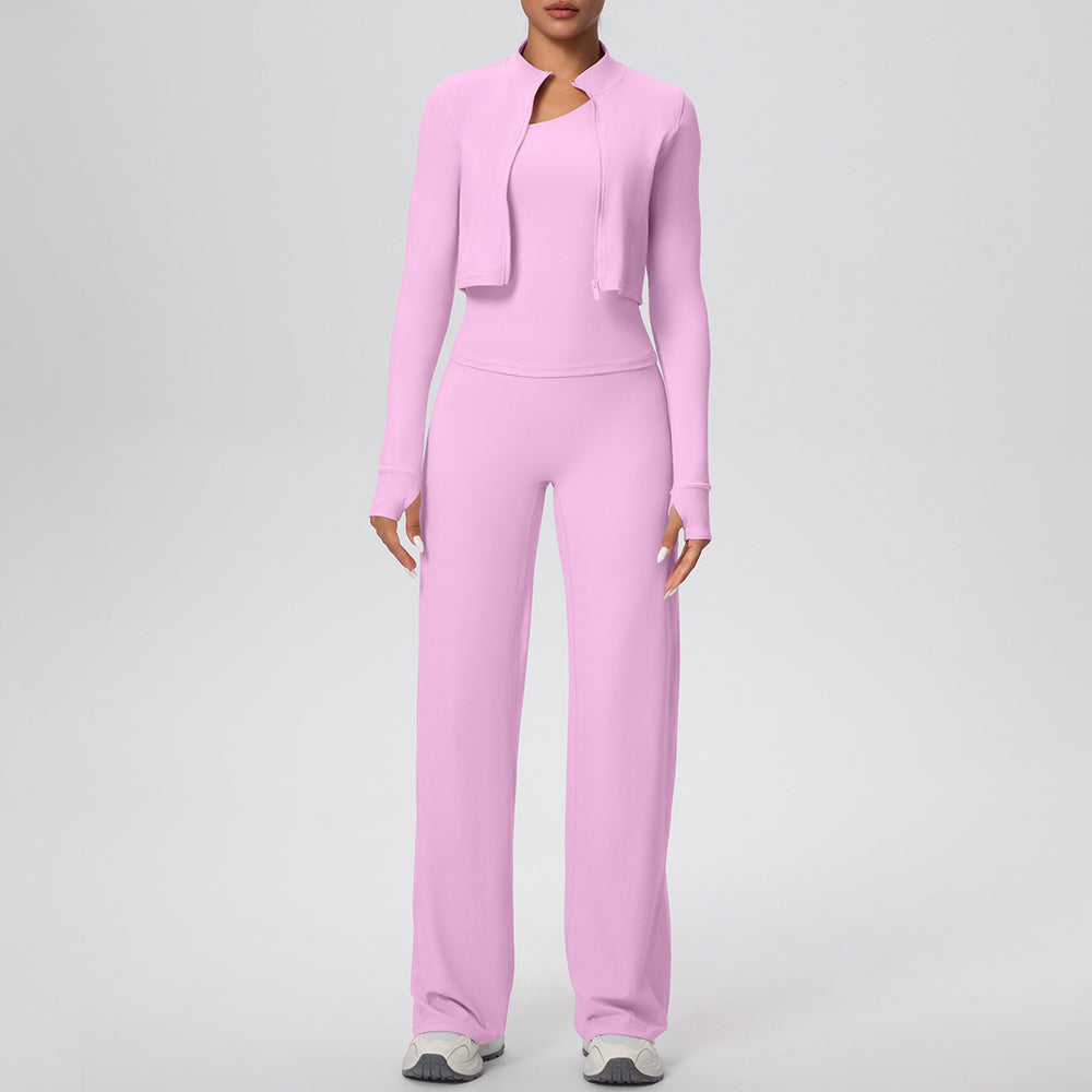 pure color brushed tight one-shoulder vest wide-leg long three-piece set sports running fitness yoga suit