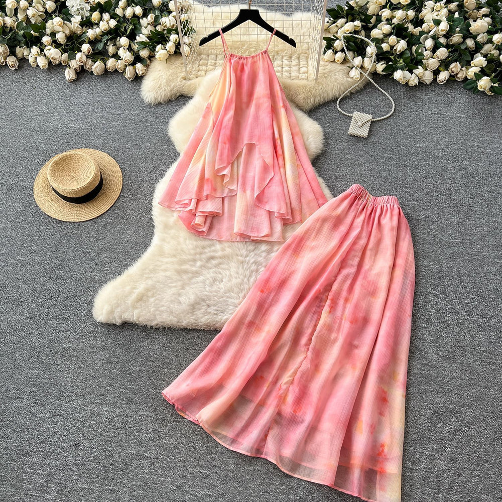Fairy vacation outfit set:  summer french chic halter top with high-waisted printed midi skirt