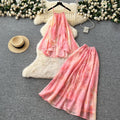 Fairy vacation outfit set:  summer french chic halter top with high-waisted printed midi skirt