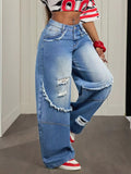 Fashionjeans women's high waist polished white ripped raw edge patchwork loose pants washed blue loosedrapedmoppants