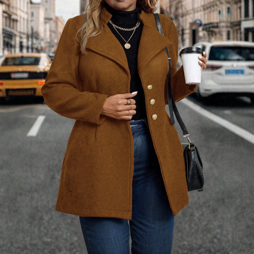 European and american style plus size vintage wool blend coat with turn-down collar, metal buckle design, slim fit, mid-length, long sleeve overcoat
