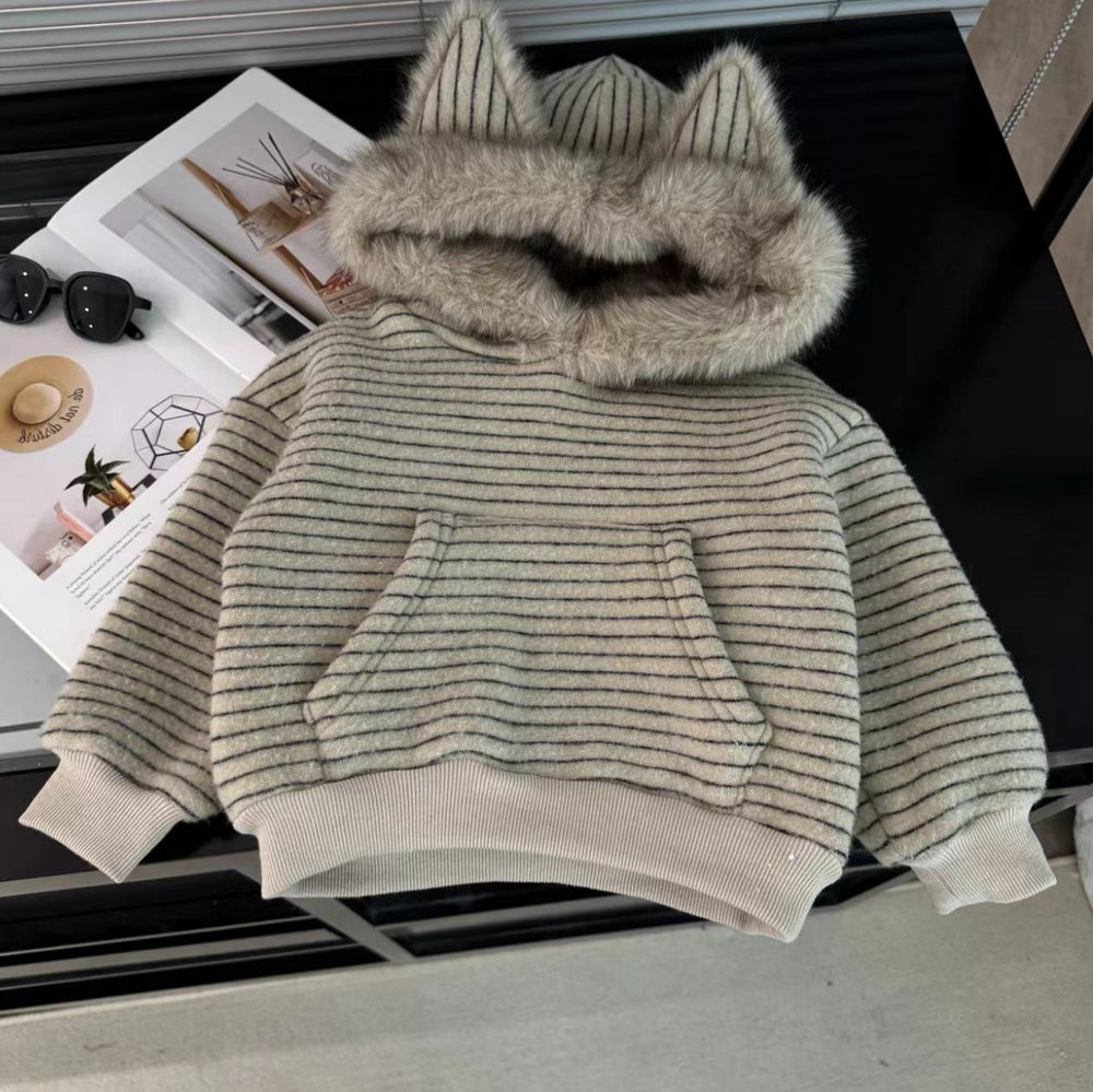 Early autumn faux fur collar hoodie - korean chic, relaxed fit, autumn design, unique striped top for women